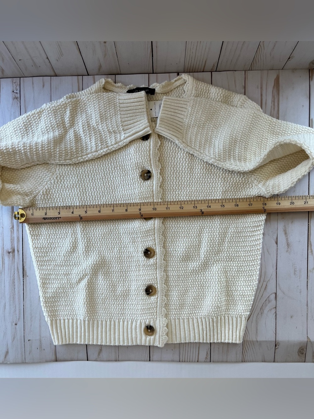 Ann Taylor Cream Scallop-Edge Button Cardigan - Picture 6 of 14